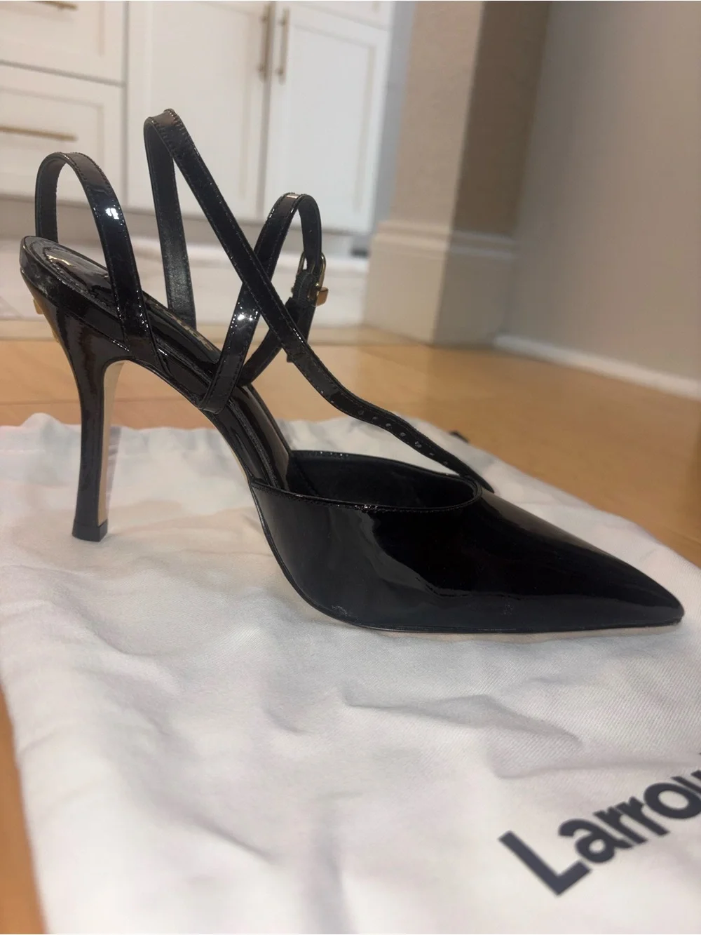 Larroude Black Patent Pointed Ankle-Strap Heels